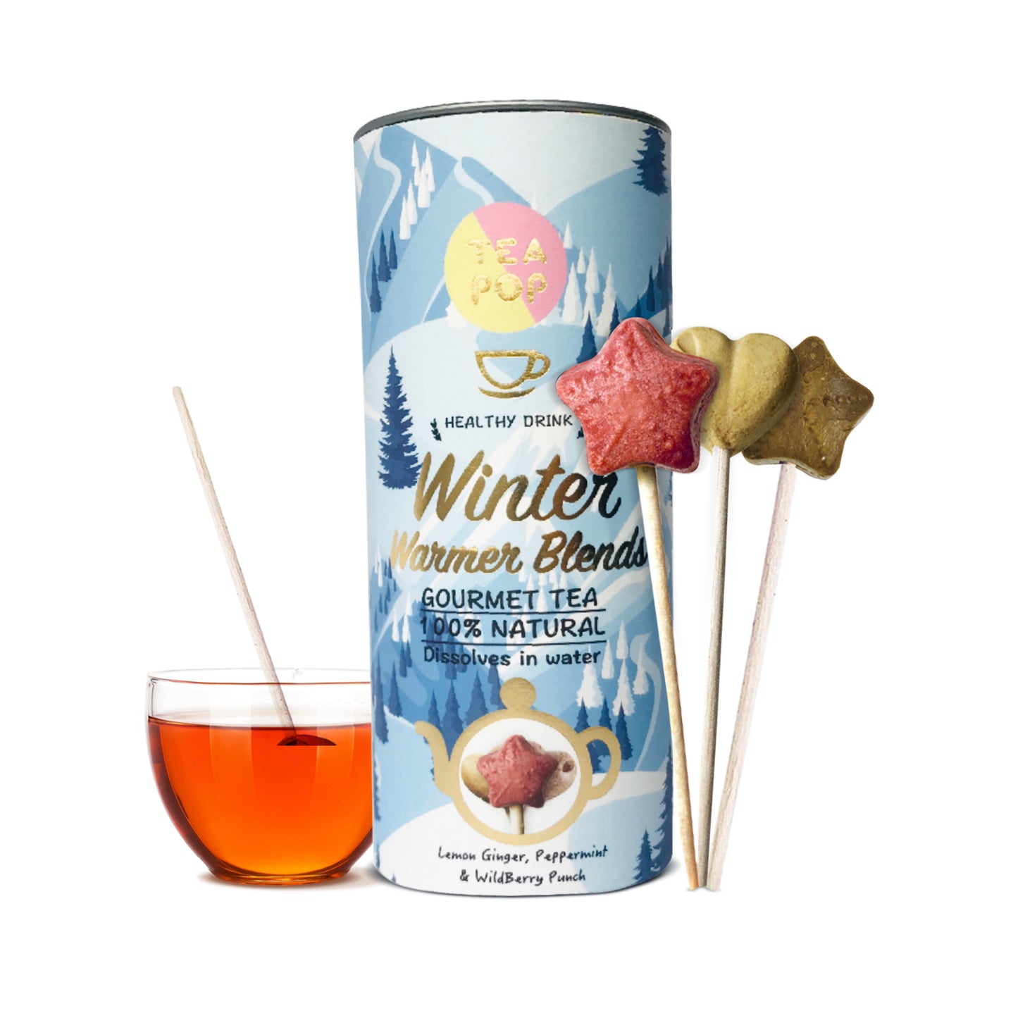 Winter Warmer Tea-Pop Gift Pack, Assorted Blends of Lemon Ginger, Peppermint & WildBerry.