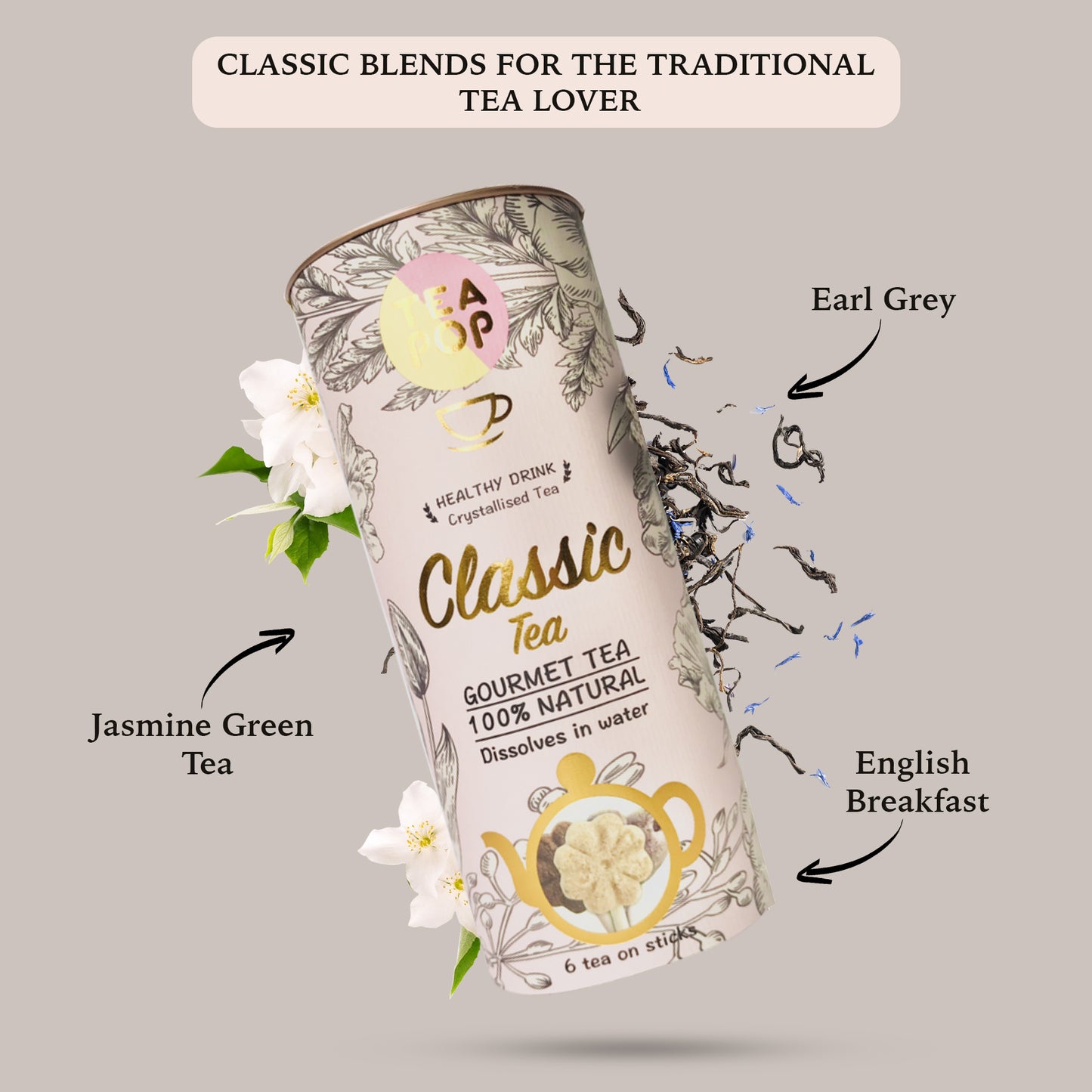 Timeless Tea-Pop Trio: English Breakfast, Earl Grey, Jasmine Green - Dissolves Instantly