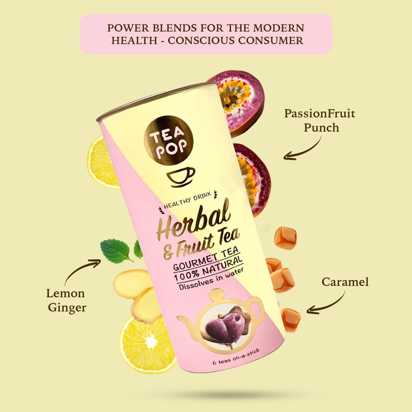 Vibrant Herbal & Fruit Tea-Pop Collection: Lemon Ginger, Passion Fruit Punch, Crispy Caramel