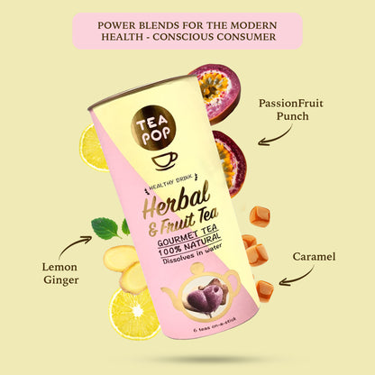 Vibrant Herbal & Fruit Tea-Pop Collection: Lemon Ginger, Passion Fruit Punch, Crispy Caramel