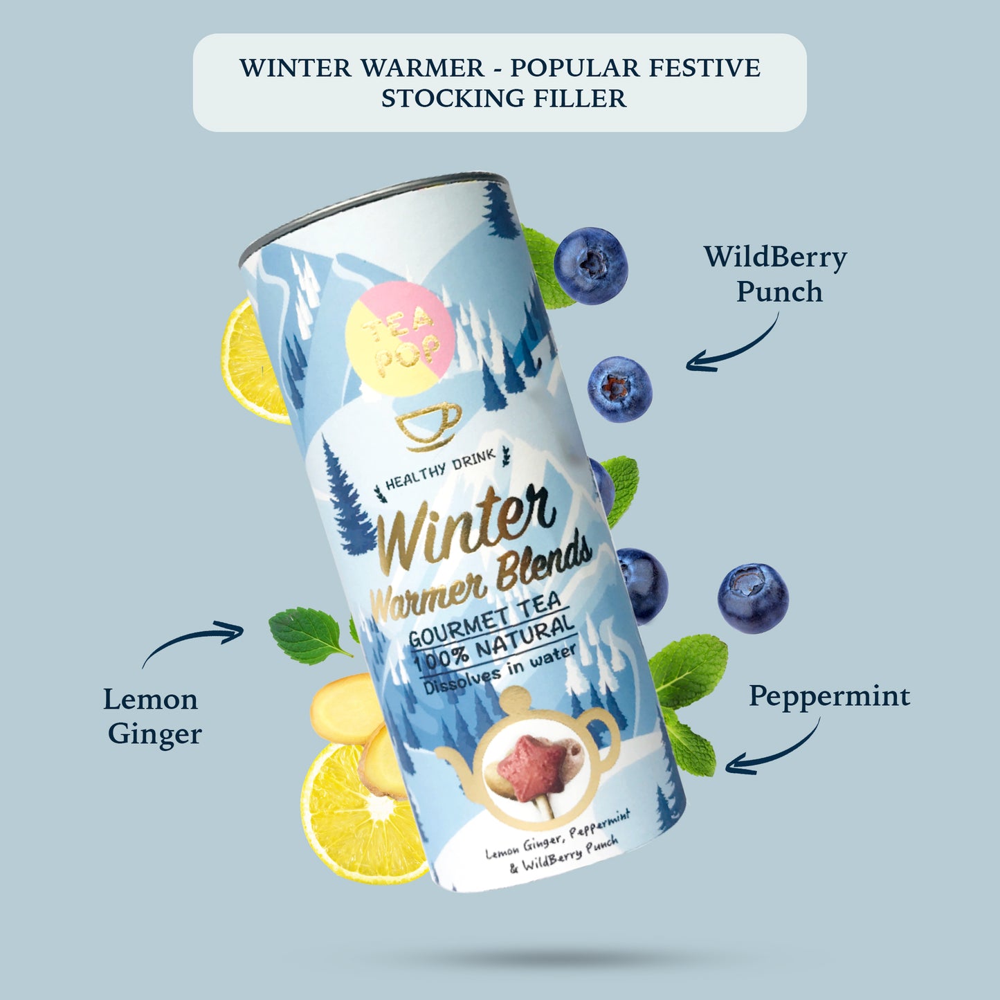 Winter Warmer Tea-Pop Gift Pack, Assorted Blends of Lemon Ginger, Peppermint & WildBerry.