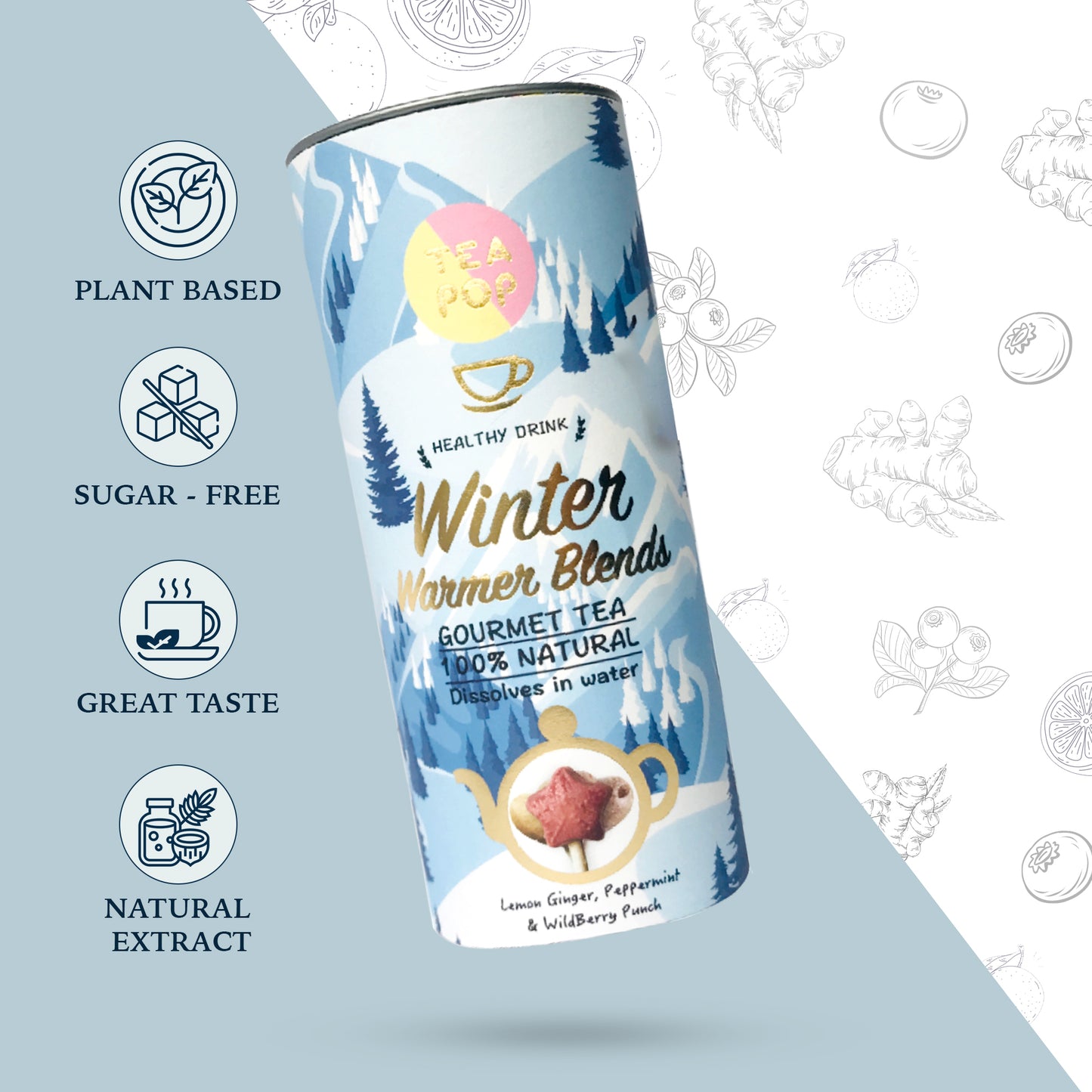 Winter Warmer Tea-Pop Gift Pack, Assorted Blends of Lemon Ginger, Peppermint & WildBerry.